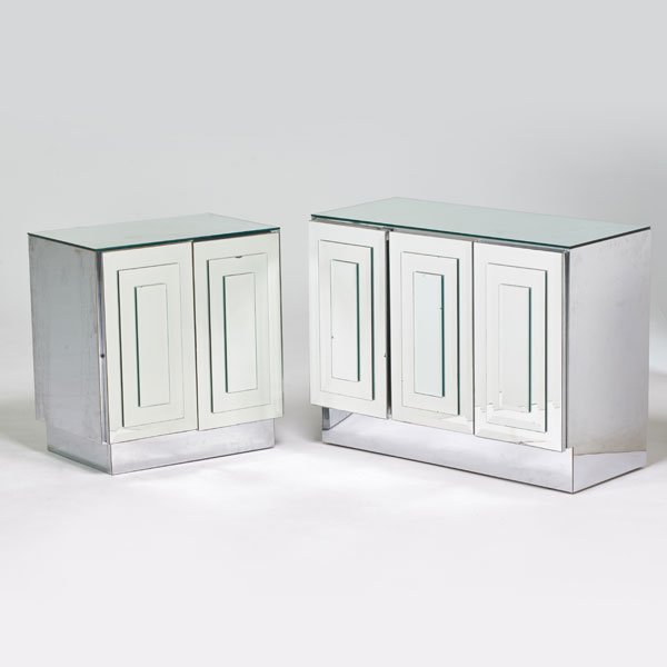 ELLO: Two mirrored cabinets, USA, ca.1980; Mirror, chrome, steel, white melamine; Unmarked; Three door: 28" x 36 1/2" x 17", two door:28" x 25" x 17"