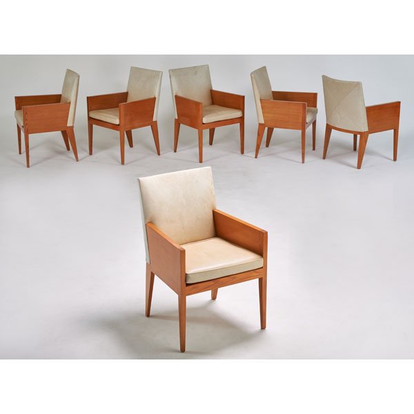 DESIGNER: Six arm chairs, 2000s; Birch, leather; Unmarked; 34" x 22 1/2" x 27"