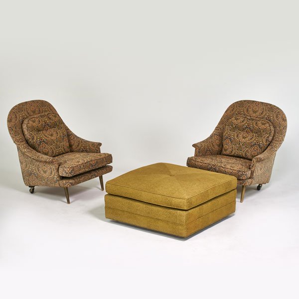 EDWARD WORMLEY (Attr.): Pair of lounge chairs and ottoman, USA, 1960s; Brass, casters, upholstery; Chairs: 35" x 32" x 36", ottoman: 15" x 34" sq.