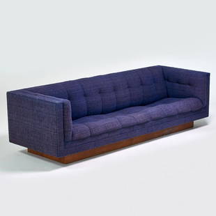 METROPOLITAN FURNITURE CO.: Tuxedo sofa, San Francisco, CA, ca. 1980-1990s; Walnut, upholstery; Upholstery label; 27" x 97" x 33 1/2"