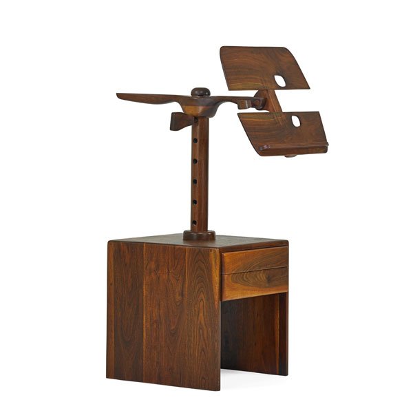 FEDERICO ARMIJO: Adjustable music stand, Albuquerque, NM, 1970s; Sculpted and figured walnut; Unmarked; 48" x 21 1/2" x 32"