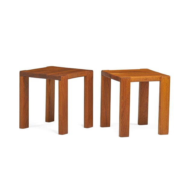 FEDERICO ARMIJO: Pair of side tables, Albuquerque, NM, 1970s; Laminated and sculpted teak; Unmarked; 18" x 16" x 17"