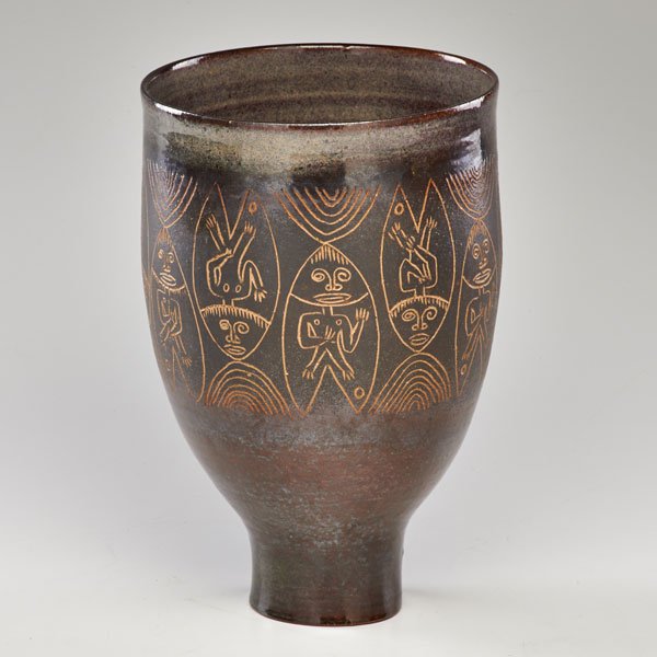 EDWIN AND MARY SCHEIER: Footed coupe with figures, gunmetal glaze, Green Valley, AZ, ca. 1980; Signed; 10" x 6 1/2"