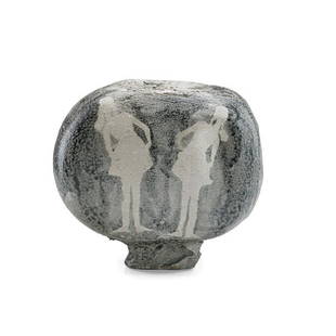 PAUL SOLDNER: Small raku-fired vessel with figural silhouettes, USA, 1970s; Unmarked; 9 1/4" x 10"