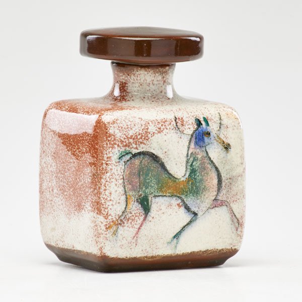 POLIA PILLIN (1909-1992): Paperweight decorated with horses, Los Angeles, late 20th c.; Signed on base with original receipt; 4 1/2" x 3" x 2 1/2"