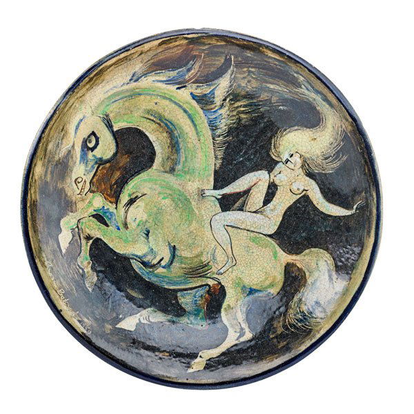 AARON BOHROD: Painted faience charger with Lady Godiva, Wisconsin, 1950; Signed and dated; 12 1/4" dia.