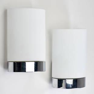 MARCELLO ZILIANI; FLOS: Pair of wall sconces with frosted glass shades on chrome rounds, Italy; Unmarked; 9 1/2" x 6 1/4" x 3 1/2"