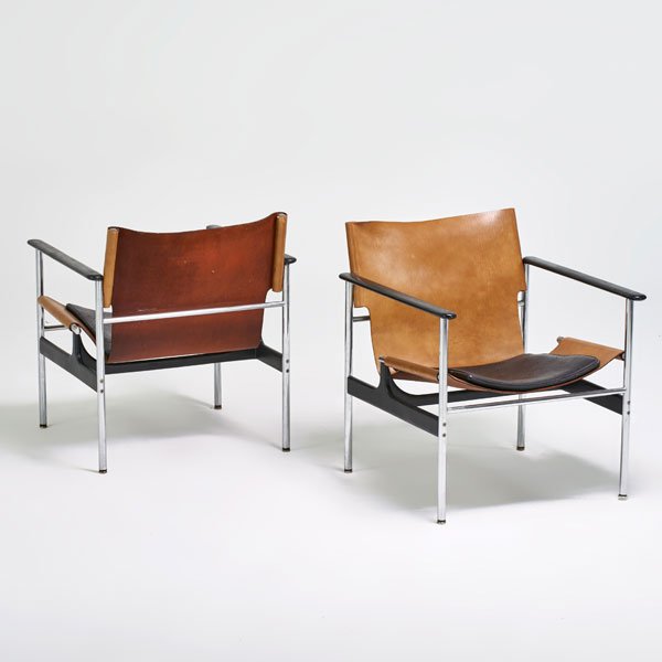 CHARLES POLLOCK; KNOLL ASSOCIATES: Pair of sling lounge chairs, New York, 1960s; Chromed steel, plastic coated metal, leather; Unmarked; 28 1/2" x 25" x 27"