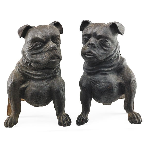 PAIR OF BULLDOG ANDIRONS: Painted cast iron, America, early 20th c. 15" x 9 1/2"
