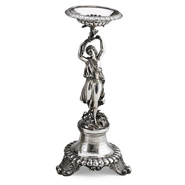 ENGLISH STERLING FIGURAL CENTERPIECE: Figural of woman holding cornucopia, London, 1834 Dedication to Reverend Frederick Blunt 1864 18 3/4" x 9", 54.19 OT