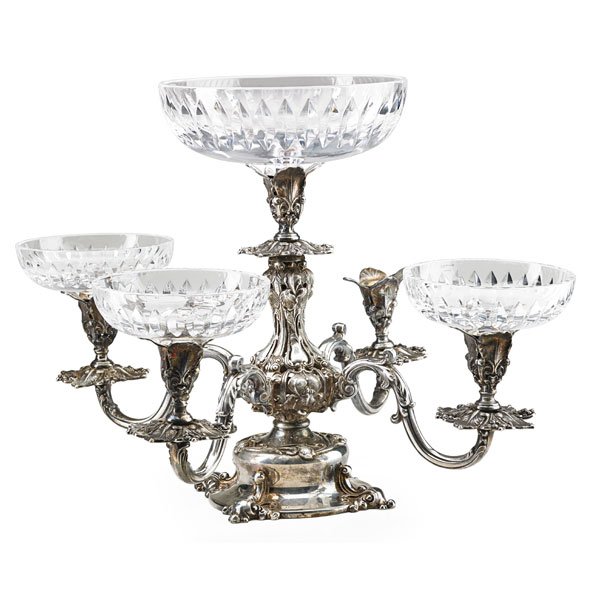 REED AND BARTON SILVER PLATED EPERGNE: Four arms with glass inserts, England, 20th c. Marked 15" x 21" x 21"