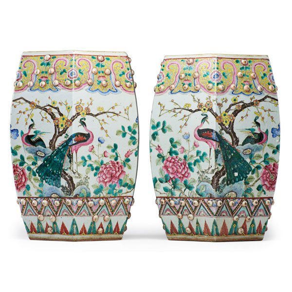 PAIR OF CHINESE FAMILLE ROSE PORCELAIN GARDEN SEAT: Bird and flowering branch design, hexagonal form, China, ca. 1830 18" x 12" x 12" (framed)