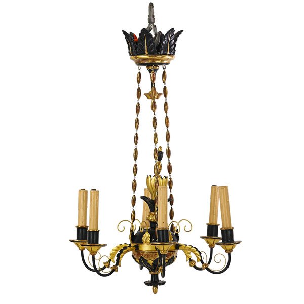 BIEDERMEIER SIX LIGHT PARCEL GILT CHANDELIER: Hung with leaf carved candle arms, Austria, mid 19th c. 30" x 20"