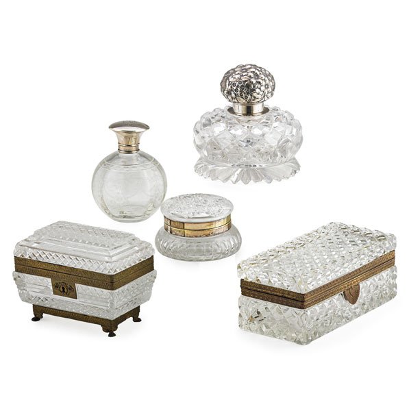 CUT GLASS: Five: Three dresser boxes, cologne bottle with Georgian silver cap and inkwell with Gorham silver repousse silver cap Largest: 3 1/2" x 8 3/4" x 4"