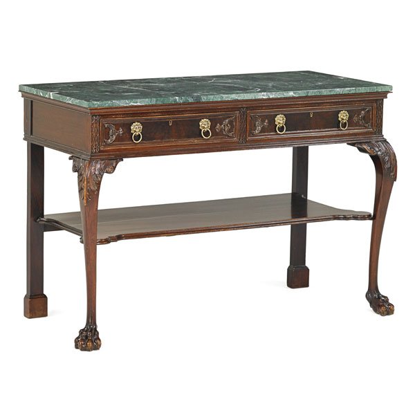 IRISH GEORGE II STYLE MAHOGANY SERVING TABLE: Green marble top, 20th c. 36 1/2" x 53 1/2" x 23 1/2"
