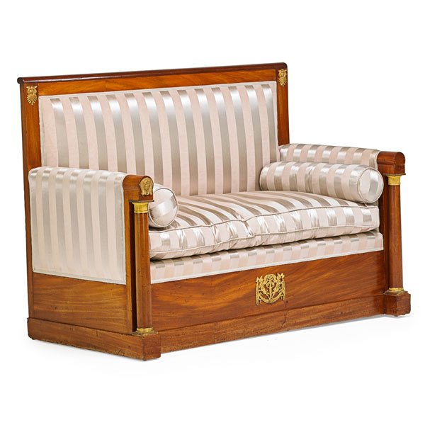 EMPIRE GILT-BRONZE MOUNTED MAHOGANY SETTEE: Loose cushion seat, on plinth base, France, ca. 1810 39" x 53" x 28"