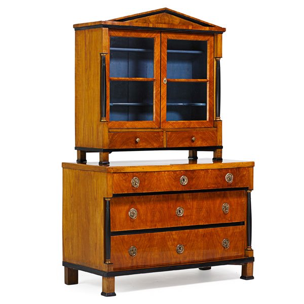 BIEDERMEIER WALNUT BOOKCASE CHEST OF DRAWERS: Two parts, on bracket feet, Austria, mid 19th c. 75" x 48" x 23"