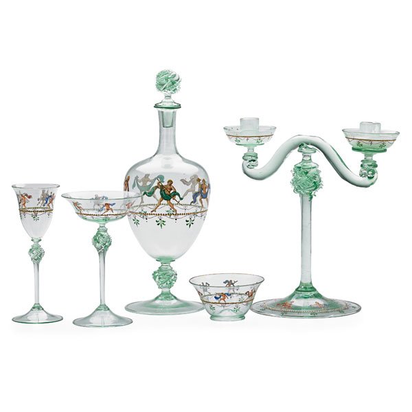 VENETIAN GLASS: Sixty-nine pieces including: (10) wines, platter, (2) decanters, one without stopper, etc. Decanter, Italy, 19th/20th c. 14 1/2" x 5 1/2"