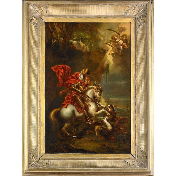 ALFRED BRYANT COPELAND (American, 1840-1909): St. George and the Dragon Oil on canvas (framed) Signed by artist and After Sir Anthony Van Dyck (Flemish, 1599-1641) 33" x 21"