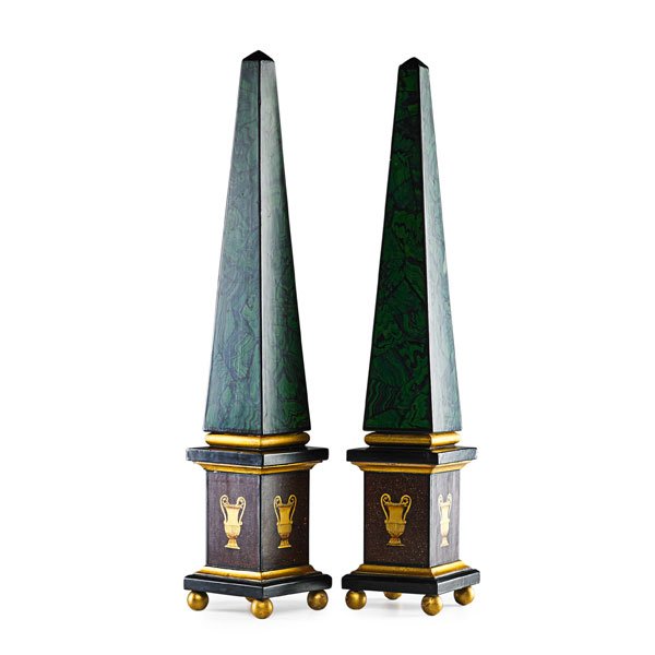 PAIR OF FAUX-PAINTED WOOD OBELISKS: Marbelized decoration with gilt trim, Europe, 20th c. 29" x 5 1/2" x 5 1/2"