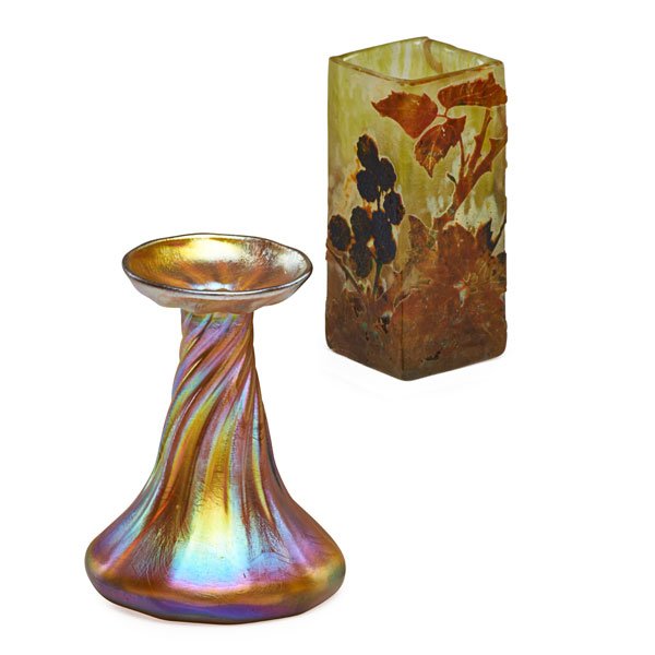 TIFFANY AND DAUM NANCY ART GLASS: Two: Tiffany favrile glass candlestick vase and a Daum Nancy acid-etched, wheel cut, square vase decorated with blackberries, early 20th c. Taller: 5 1/4"