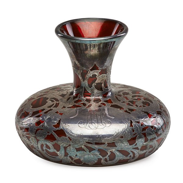 STERLING OVERLAY RUBY GLASS VASE: Squash form with Alvin silver overlay, America, early 20th c. Marked 7" x 8 1/2"