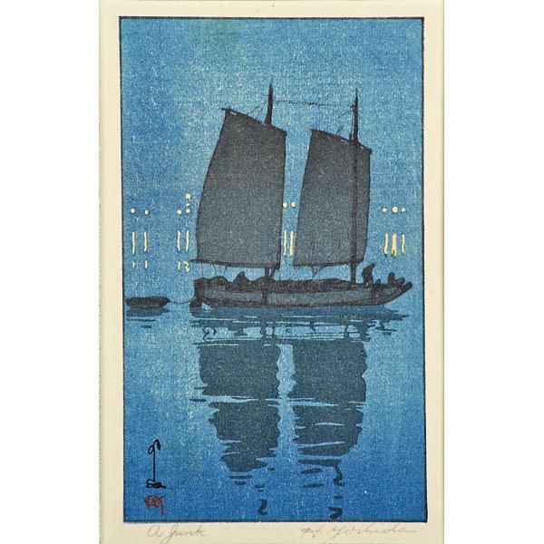 HIROSHI YOSHIDA (Japanese, 1876-1950) THREE WORKS: A Junk, Nigatsudo Temple and Night in Kyoto Three woodblock prints (framed separately) Each signed and titled, Night in Kyoto with jizuri seal Largest: 15 1/4" x 10" (sight)