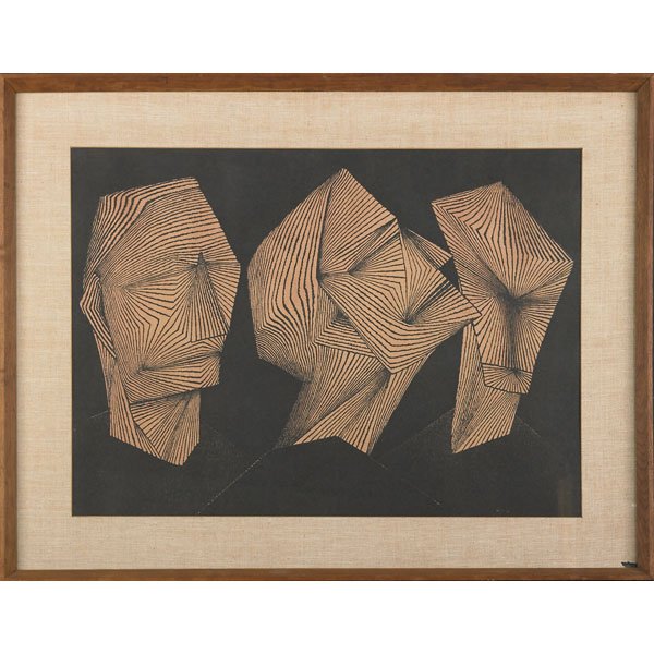 TOMIO KINOSHITA (Japanese, b. 1923) TWO WORKS: Mask #3, 1972 Woodcut on paper (framed) Signed, titled and dated 24 1/2" x 31 3/4" (sheet) Accompanied by a reproduction of Mask #4