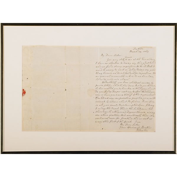 JOHN WESLEY AUTOGRAPHED LETTER: To sister Hannah Ball, one page, March 29, 1769, Dublin, Ireland Sheet: 12 1/4" x 7 1/2"