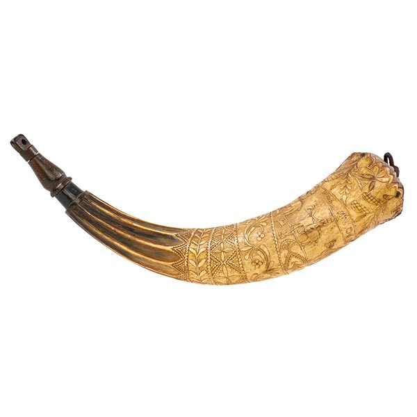 WAR OF 1812 POWDERHORN: Heavily carved with soldiers and American Indians on horseback, swivel strap Dated 1811-1816 14 1/2" x 3"