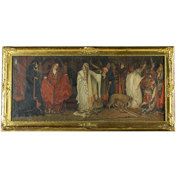 AFTER EDWIN AUSTIN ABBEY Large painting: AFTER EDWIN AUSTIN ABBEY Large painting, "King Lear, Act I, Scene I," European, 19th C. (framed) Oil on canvas Sight: 19" x 45", frame: 25" x 50 1/2"