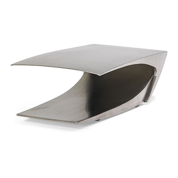 JONATHAN SINGLETON Coffee table: JONATHAN SINGLETON Unflat coffee table, Spain, 1990s Stainless steel Unmarked 15 1/2" x 46" x 29 91/2"