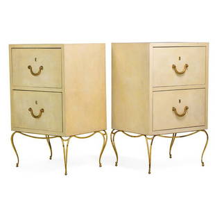 STYLE OF WILLIAM "BILLY" HAINES Pair of cabinets: STYLE OF WILLIAM "BILLY" HAINES Pair of cabinets, USA, 1960s Parchment, bronze, gilt steel Unmarked 50" x 32" x 25"