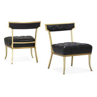 STYLE OF WILLIAM "BILLY" HAINES Pr. lounge chairs: STYLE OF WILLIAM "BILLY" HAINES Pair of lounge chairs, USA, 1960s Brass, tufted leather Unmarked 27 3/4" x 22" x 22"