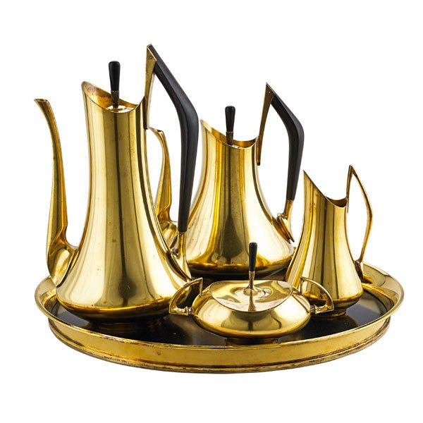 DONALD COLFLESH; GORHAM Tea/coffee service: DONALD COLFLESH (b. 1932) GORHAM Four-piece tea/coffee service on associated Gorham tray, 1960s Gold-plated silver, ebony, laminated plastic (tray) Service stamped Gorham/STERLING with numbers and hal