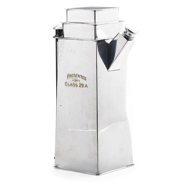 LOUIS W. RICE "Skyscraper" cocktail shaker: LOUIS W. RICE (1840 - 1909) BERNARD RICE'S SONS "Skyscraper" cocktail shaker from the Apollo Studio line, New York, 1920s Silver-plated brass Base stamped, SKYSCRAPER/DES. PAT.PENDING/APOLLO E.P.N.S./