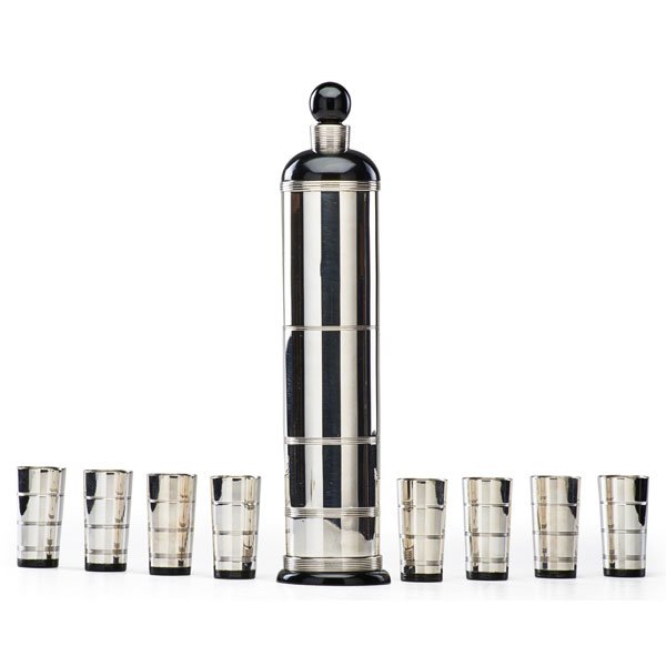 LURELLE GUILD Cocktail shaker and eight glasses: LURELLE GUILD (1898 - 1985) INTERNATIONAL STERLING Cocktail shaker and eight cups, Meriden, CT, ca. 1927 Silver plated and lacquered metal All stamped with designer's facsimile signature and manufactu