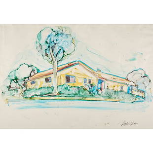 ROBERT ARNESON Watercolor: ROBERT ARNESON (1930 - 1992) Watercolor, "The Palace at 9AM," California, 1960s Framed Signed Sight: 17" x 24 1/2" Note: This watercolor depicts Arneson's Alice Street residence in Davis, CA.