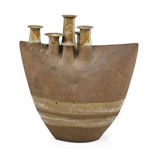 WILLIAM WYMAN Early vase: WILLIAM WYMAN (1922 - 1980 Early glazed stoneware vase, Massachusetts, 1956 Signed and dated 10 1/4" x 9 1/2" x 4 1/2"