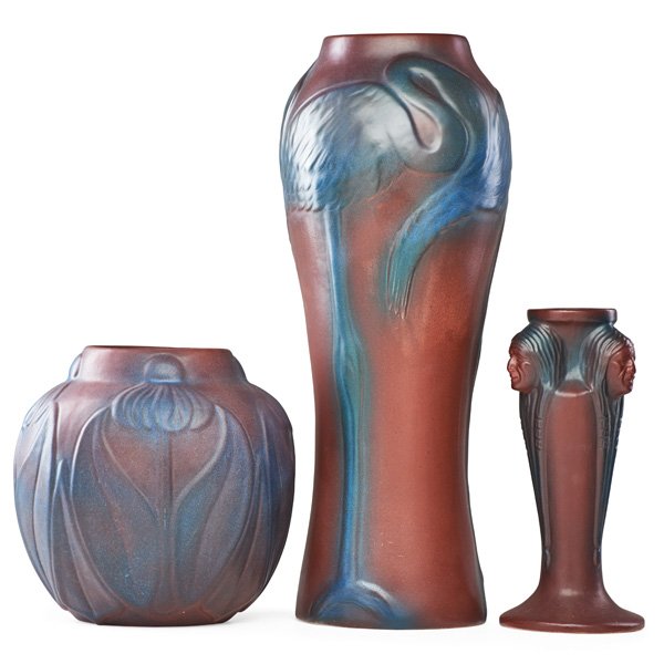 VAN BRIGGLE Three vases, Mulberry glaze (1 of 2)
