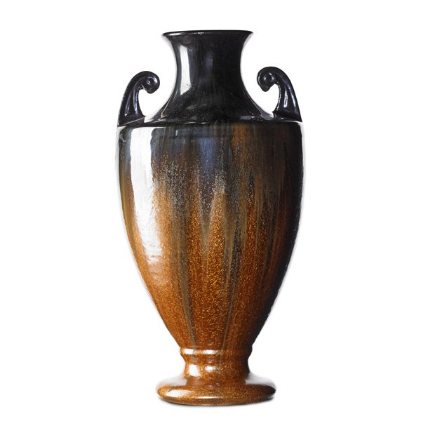 FULPER Tall urn, Mirror Black and Copperdust glaze (1 of 2)