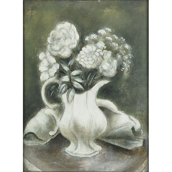 Konrad Cramer (American/German, 1888–1963): White Flowers in White Vase, ca. 1928; Oil on board (framed); Estate stamp; 16" x 12"; Provenance: ACA Galleries, New York (label on verso); Private Collection, New York