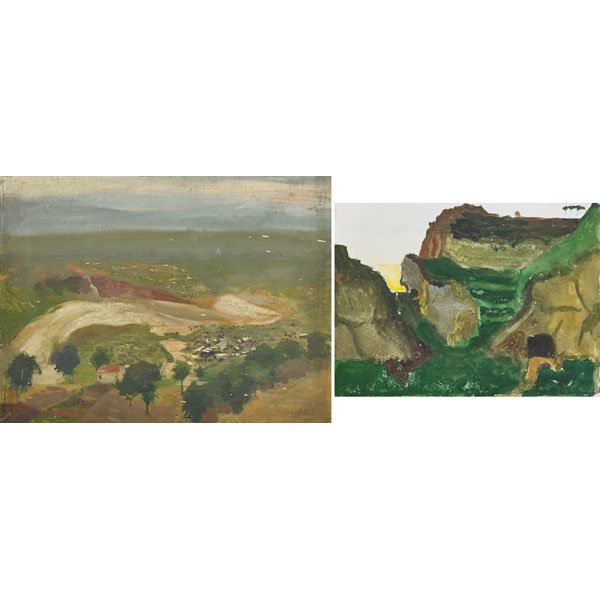 Joseph Stella (American, 1877-1946): Two works of art; Untitled; Oil on unstretched canvas; Signed; 14" x 18 1/2"; Untitled; Watercolor on paper; Estate stamp; 10 3/4" x 14 7/8" (sheet); Provenance: Giovanni Stella, M.D. (the brother of