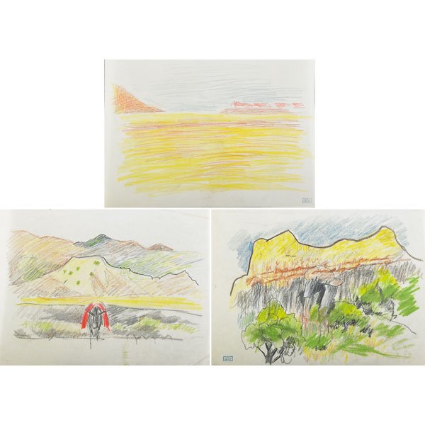 Joseph Stella (American, 1877-1946): Untitled (Landscapes); Three color pencil and graphite on paper; Each has an Estate stamp; 8 1/4" x 10 1/2" (sheet, each); Provenance: Giovanni Stella, M.D. (the brother of the artist); Mrs. Giovanni