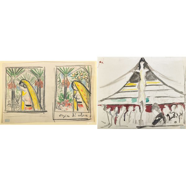 Joseph Stella (American, 1877-1946): Untitled; Two mixed media on paper; Each has an Estate stamp; 7 3/4" x 9 3/4" (sheet); 6 1/2" x 10" (sheet); Provenance: Giovanni Stella, M.D. (the brother of the artist); Mrs. Giovanni Stella; Joseph