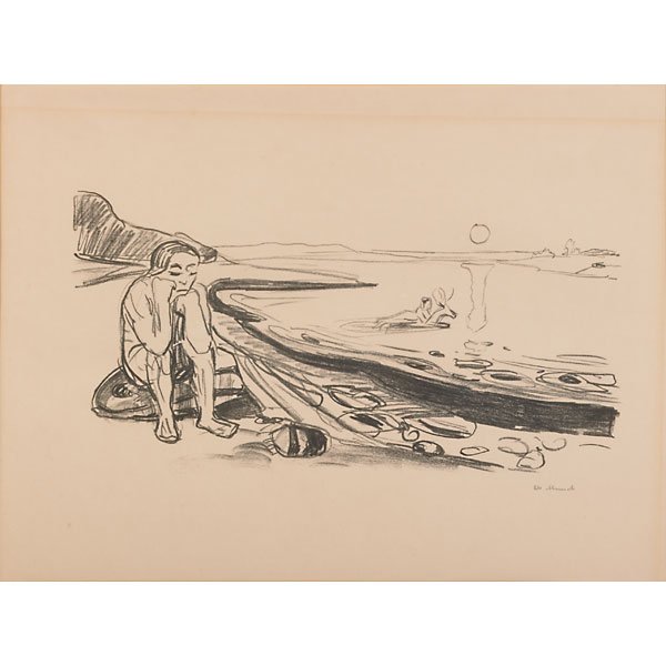 Edvard Munch (Norwegian, 1863-1944): Omega's Flight, from Alpha & Omega series, 1908-09; Lithograph on paper (framed); Signed; 17 1/4" x 23 3/8" (sight); Literature: S. 323, W. 353; Provenance: Irving Galleries, Milwaukee (label on verso