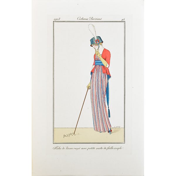 Journal des Dames et des Modes, Paris, 1912-1914: Seventy nine issues in original titled wrappers with hand-colored pochoirs, artists include George Barbier, Armand Vallee, H. Robert Dammy, Victor L. Huer, Fabius (Alberto Fabio Lorenzi), Charles Mart