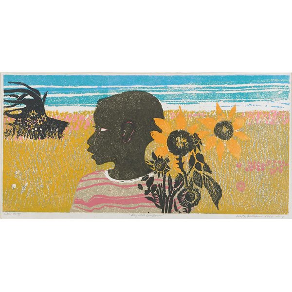 Walter Henry Williams (American, 1920-1998): Boy with Sunflowers, 1965; Woodcut in colors (framed); Signed, dated, titled and noted Artist's Proof; 12 1/4" x 24 1/4" (sight); Provenance: Private Collection, New Jersey