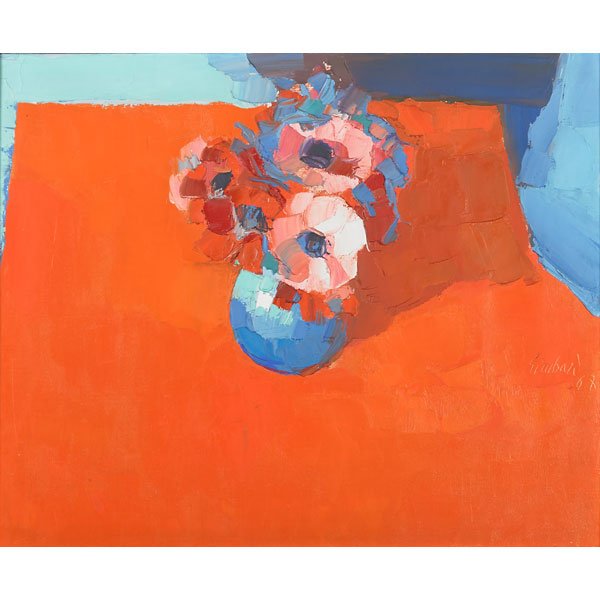 Nicola Simbari (Italian, 1927-2012): Blu and Orange, 1968; Oil on canvas (framed); Signed, dated and titled; 20" x 24"; Provenance: Wally Galleries, New York (label on verso); Private collection, New Jersey; Note: Accompanied by Certific
