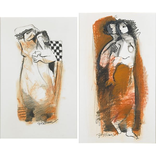 Hessam Abrishami (Iranian, b. 1951): Untitled; Two mixed media on paper (framed separately); Each signed; 13 3/4" x 8 3/4" (sight, each); Provenance: Private Collection, Florida